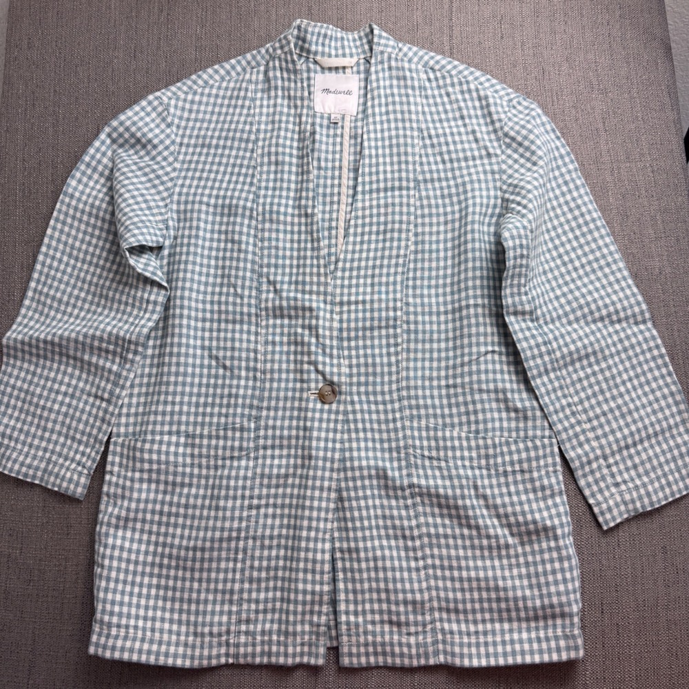 Madewell 100% Linen Gingham Chore Jacket Blue White XS Collarless Blazer Pocket